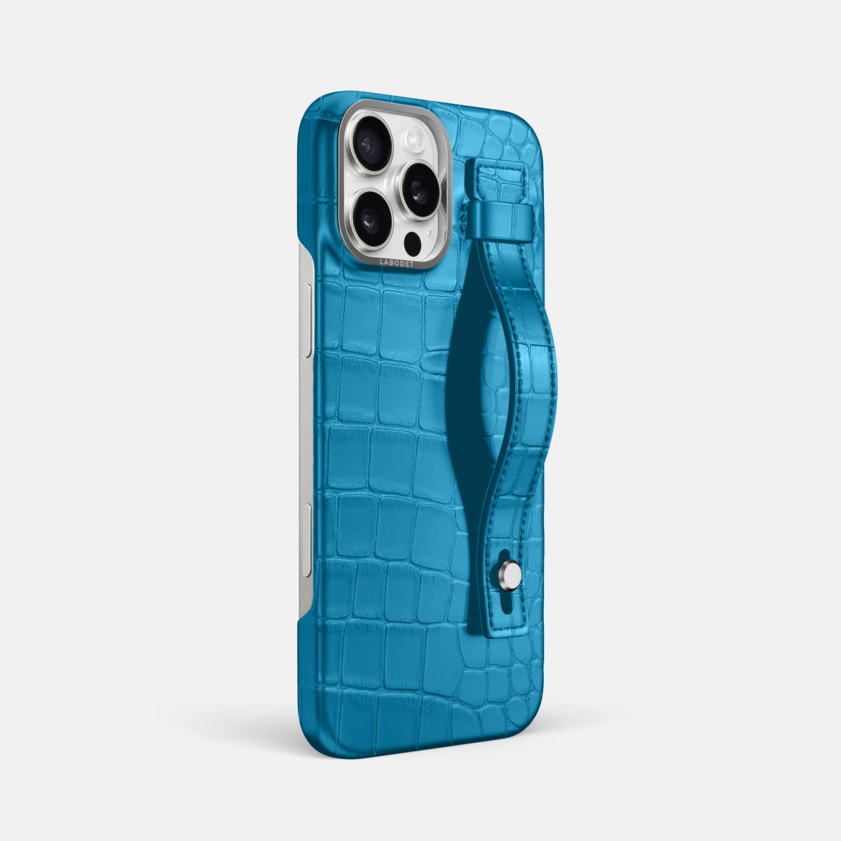 Curaçao-Blue iPhone 16 Pro Max Hand Strap Case Alligator with Steel Metal -2 | Curaçao-Blue-Steel