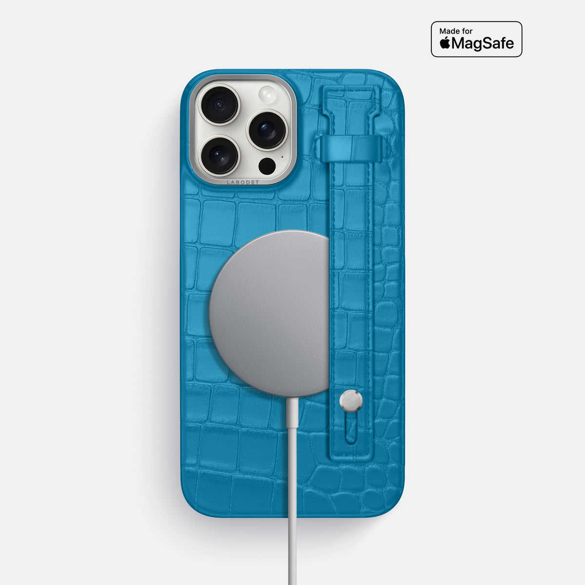 Curaçao-Blue iPhone 16 Pro Max Hand Strap Case Alligator with Steel Metal -4 | Curaçao-Blue-Steel