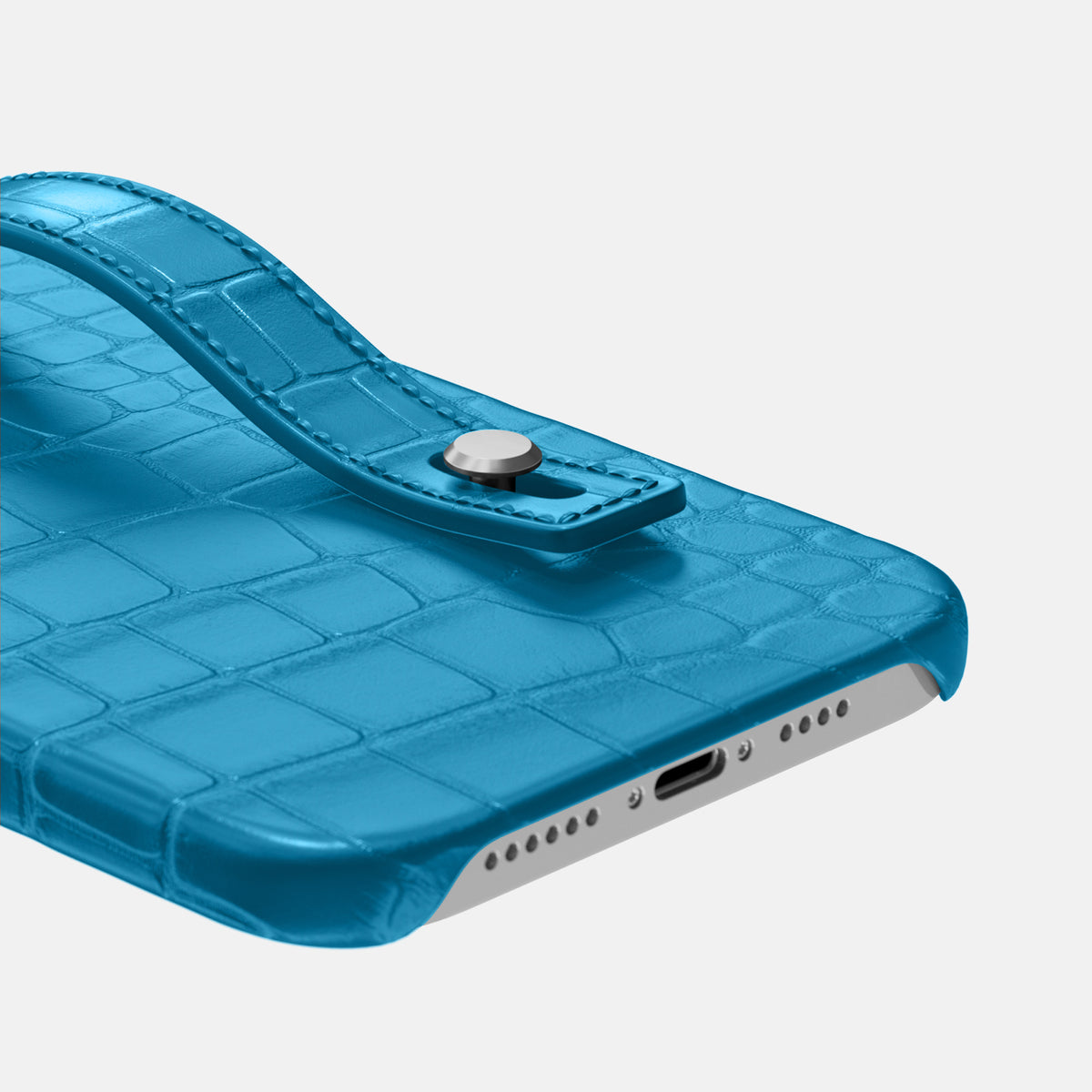 Curaçao-Blue iPhone 16 Pro Max Hand Strap Case Alligator with Steel Metal -5 | Curaçao-Blue-Steel