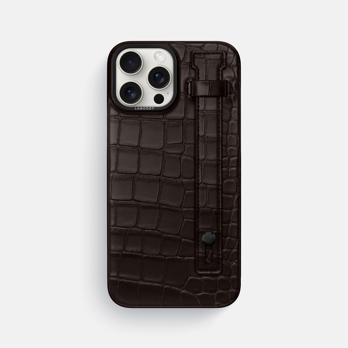 Dark-Brown iPhone 16 Pro Max Hand Strap Case Alligator with Black Metal -1 | Dark-Brown-Black