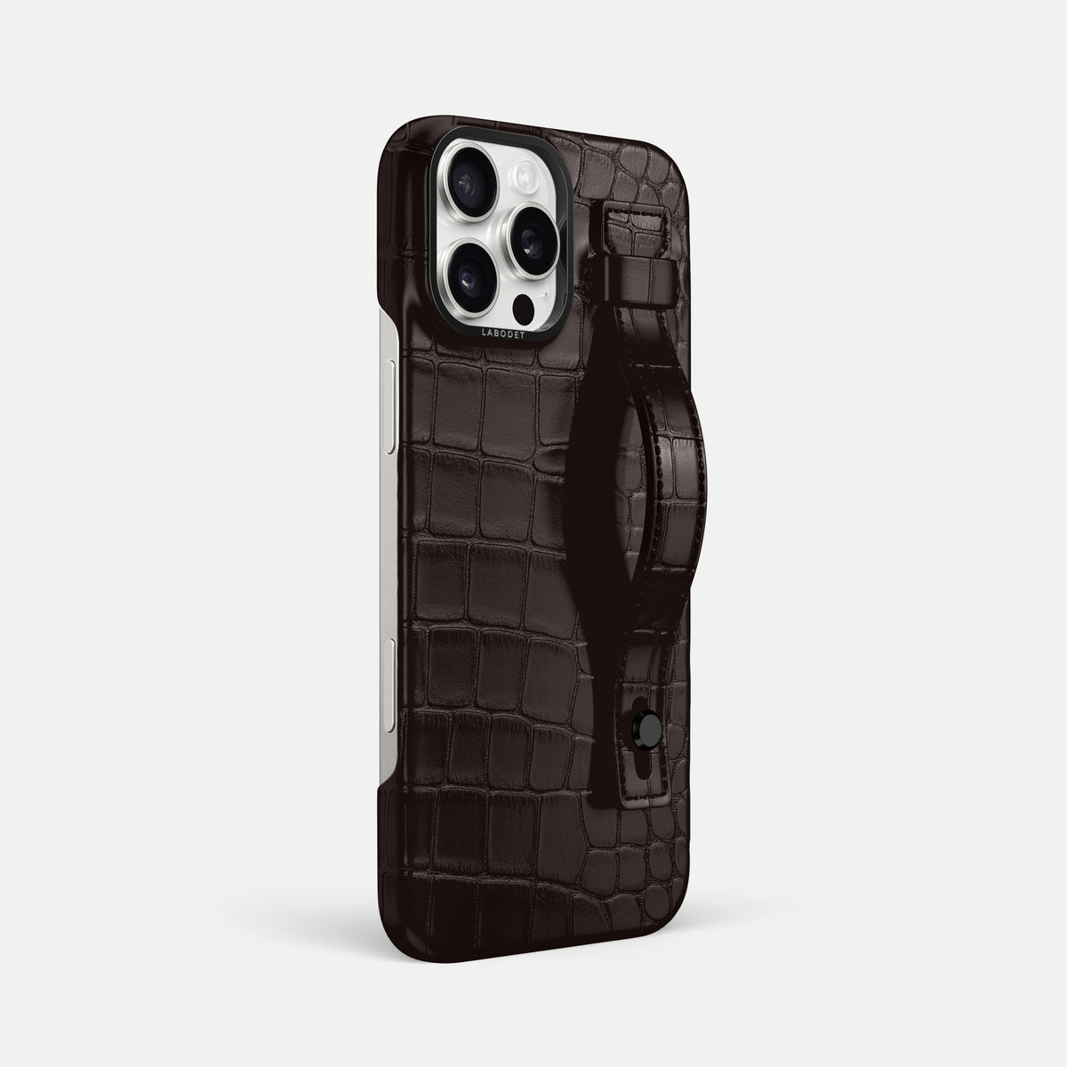Dark-Brown iPhone 16 Pro Max Hand Strap Case Alligator with Black Metal -2 | Dark-Brown-Black