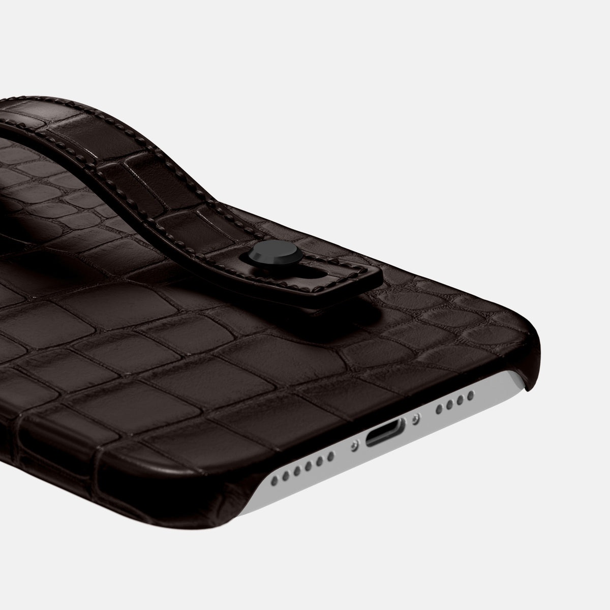 Dark-Brown iPhone 16 Pro Max Hand Strap Case Alligator with Black Metal -5 | Dark-Brown-Black