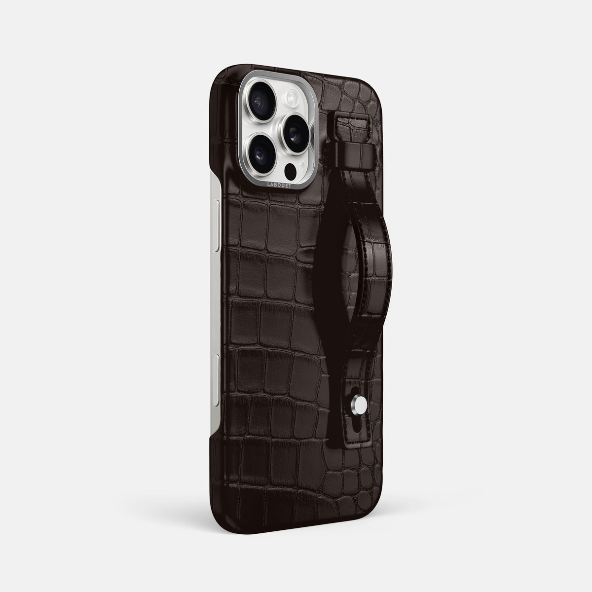 Dark-Brown iPhone 16 Pro Max Hand Strap Case Alligator with Steel Metal -2 | Dark-Brown-Steel