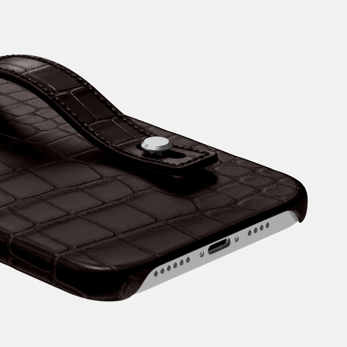 Dark-Brown iPhone 16 Pro Max Hand Strap Case Alligator with Steel Metal -5 | Dark-Brown-Steel