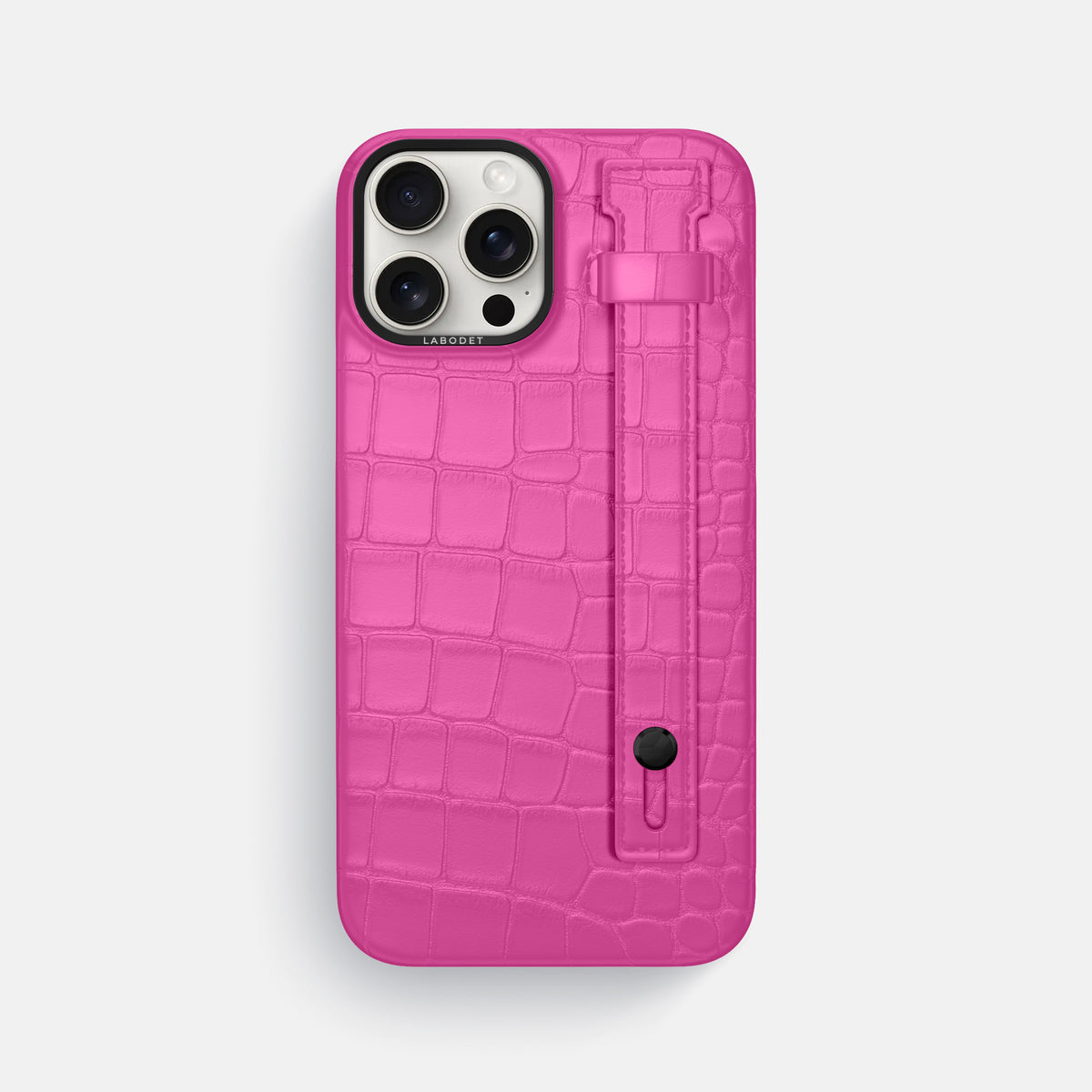 Fuchsia iPhone 16 Pro Max Hand Strap Case Alligator with Black Metal -1 | Fuchsia-Black