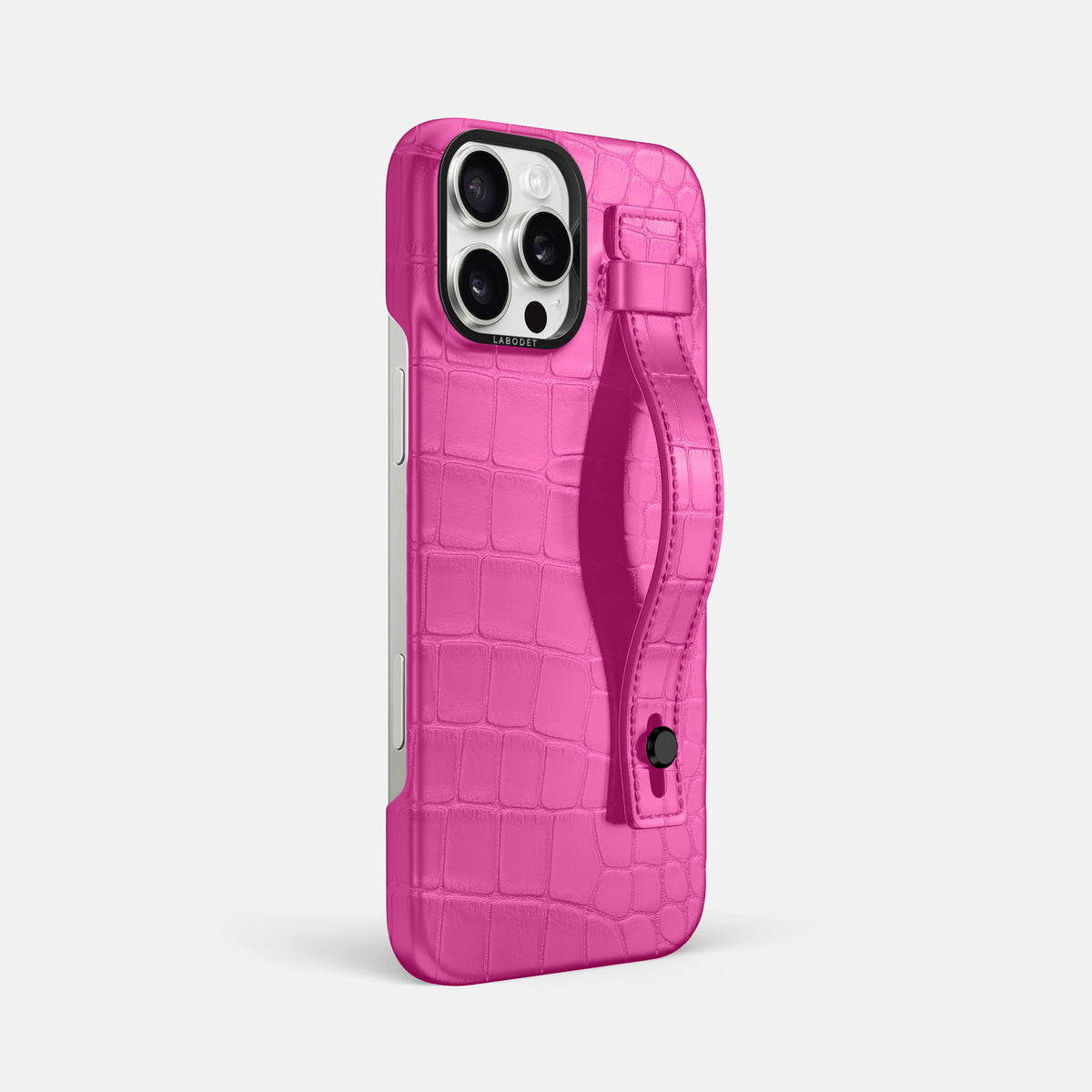 Fuchsia iPhone 16 Pro Max Hand Strap Case Alligator with Black Metal -2 | Fuchsia-Black