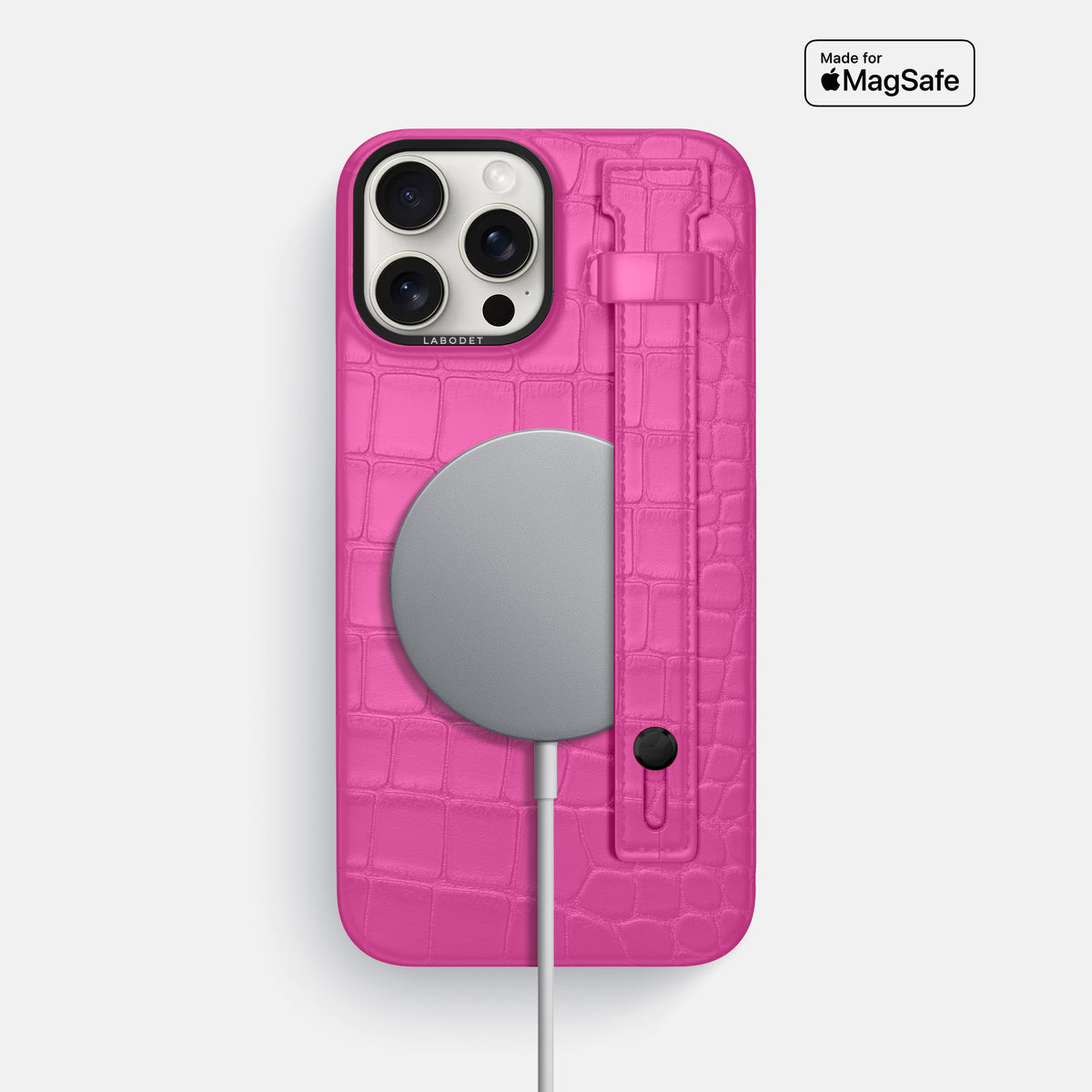 Fuchsia iPhone 16 Pro Max Hand Strap Case Alligator with Black Metal -4 | Fuchsia-Black