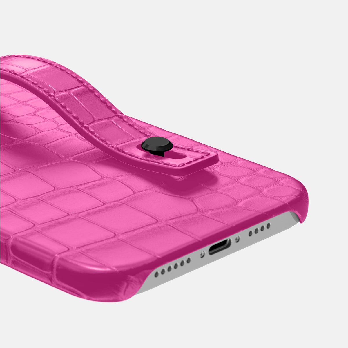 Fuchsia iPhone 16 Pro Max Hand Strap Case Alligator with Black Metal -5 | Fuchsia-Black