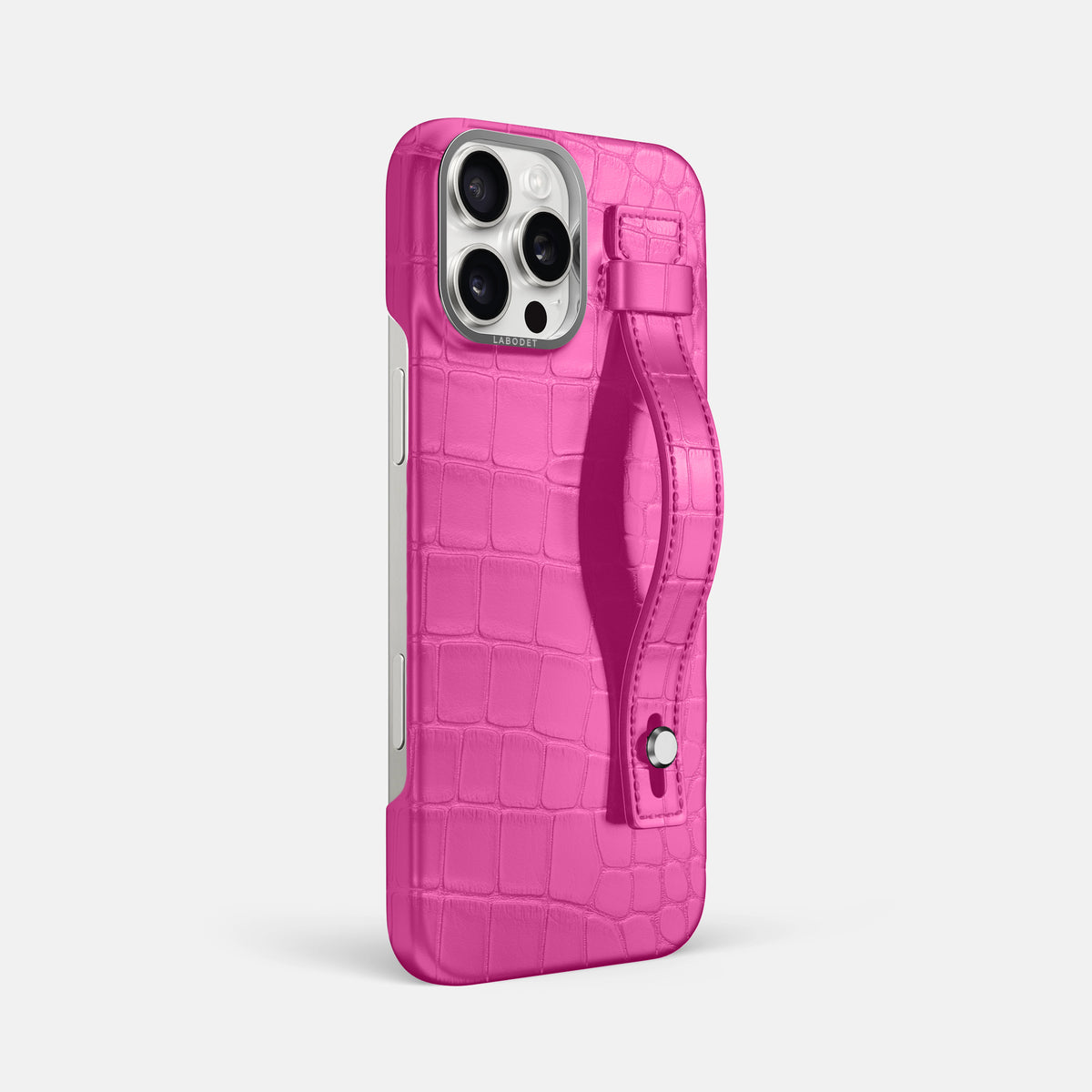 Fuchsia iPhone 16 Pro Max Hand Strap Case Alligator with Steel Metal -2 | Fuchsia-Steel