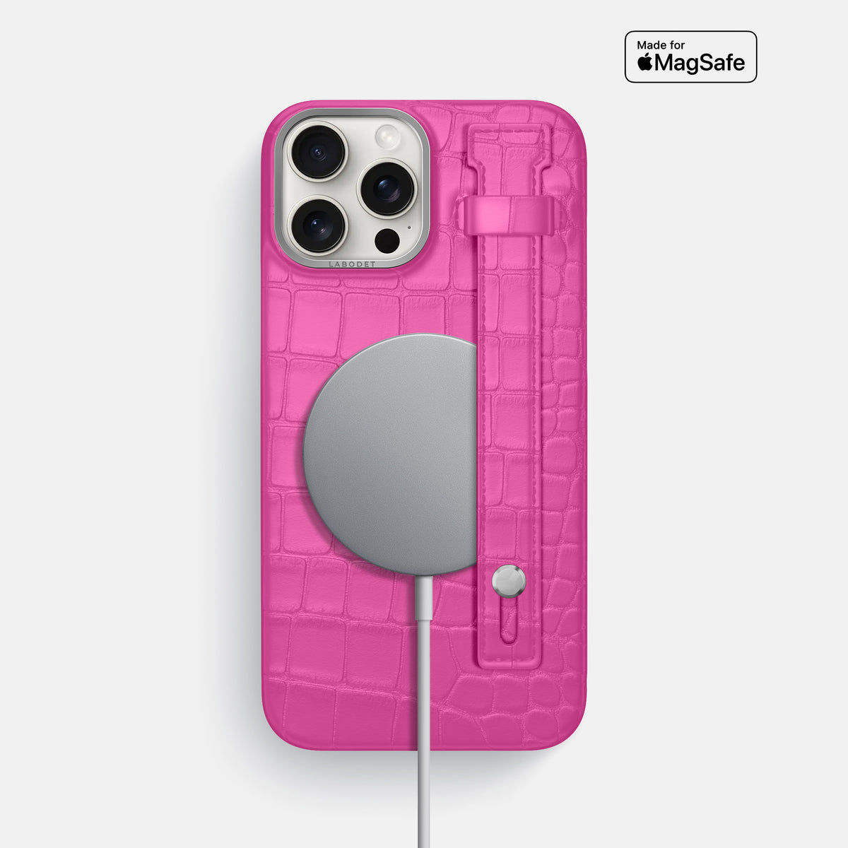 Fuchsia iPhone 16 Pro Max Hand Strap Case Alligator with Steel Metal -4 | Fuchsia-Steel