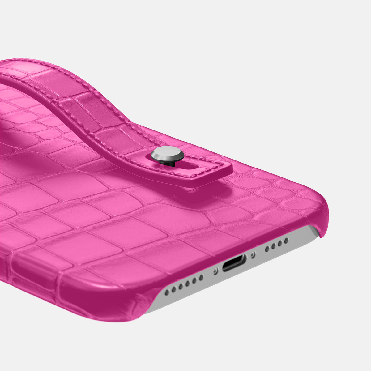 Fuchsia iPhone 16 Pro Max Hand Strap Case Alligator with Steel Metal -5 | Fuchsia-Steel