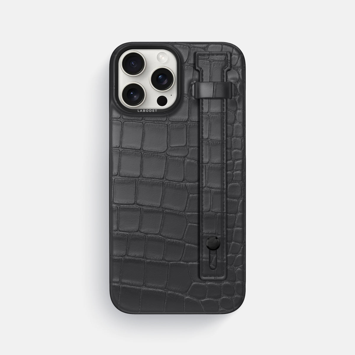 Grey iPhone 16 Pro Max Hand Strap Case Alligator with Black Metal -1 | Grey-Black