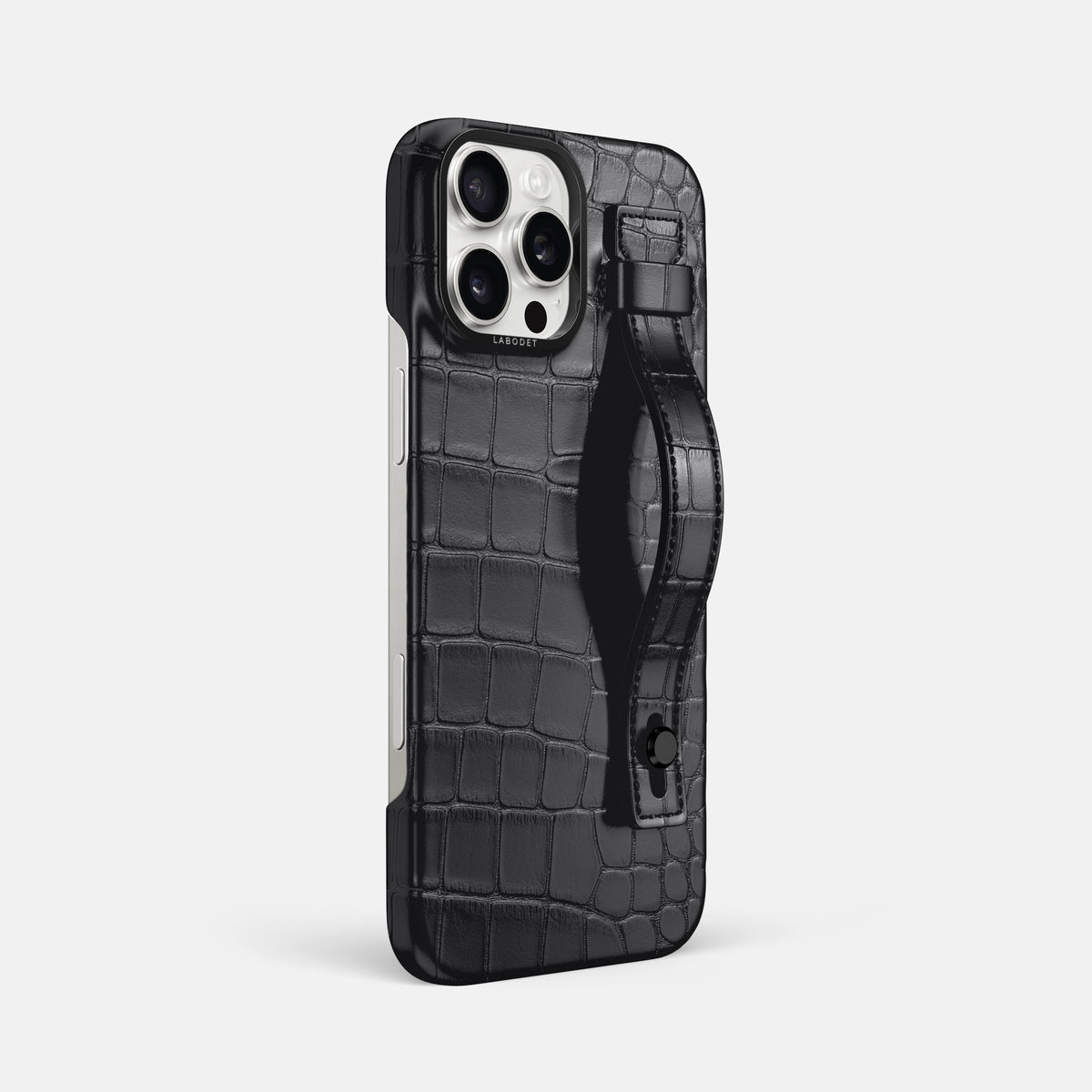 Grey iPhone 16 Pro Max Hand Strap Case Alligator with Black Metal -2 | Grey-Black