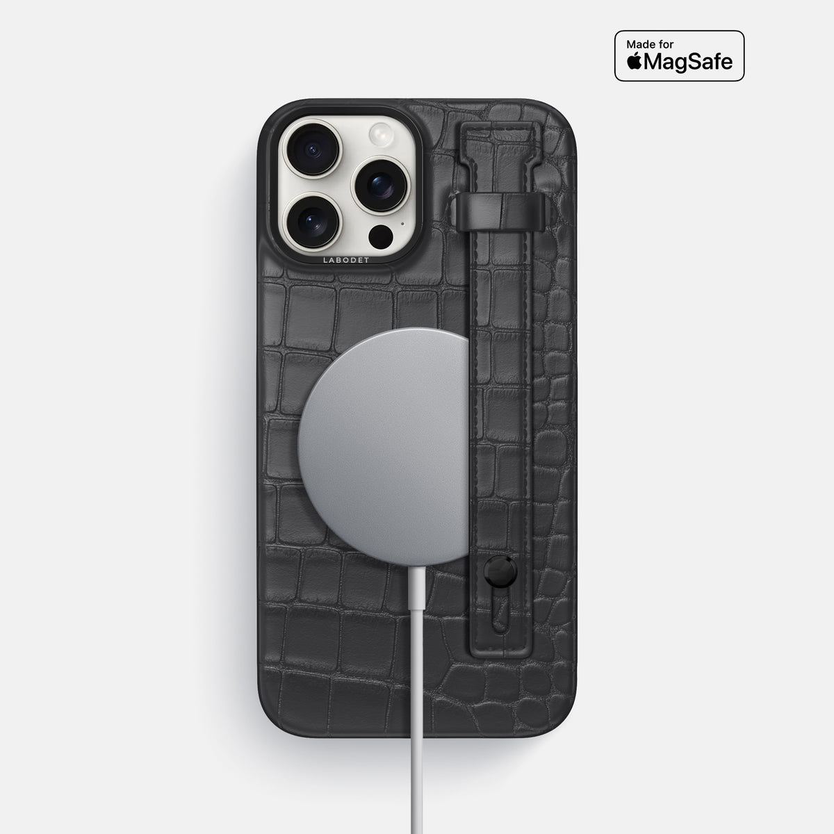 Grey iPhone 16 Pro Max Hand Strap Case Alligator with Black Metal -4 | Grey-Black