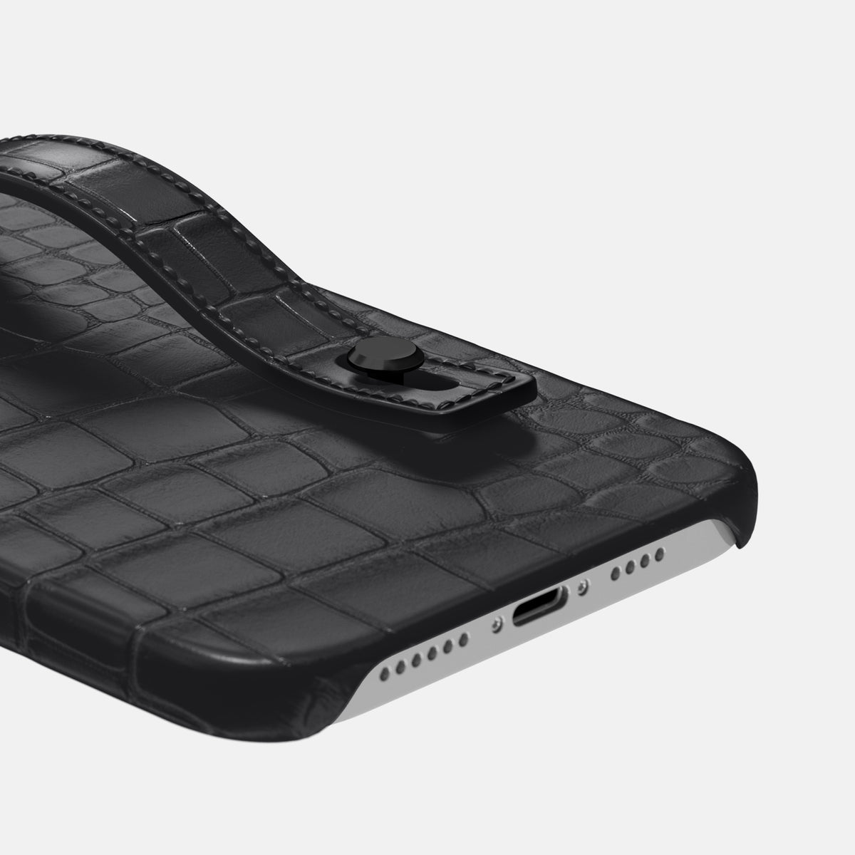 Grey iPhone 16 Pro Max Hand Strap Case Alligator with Black Metal -5 | Grey-Black