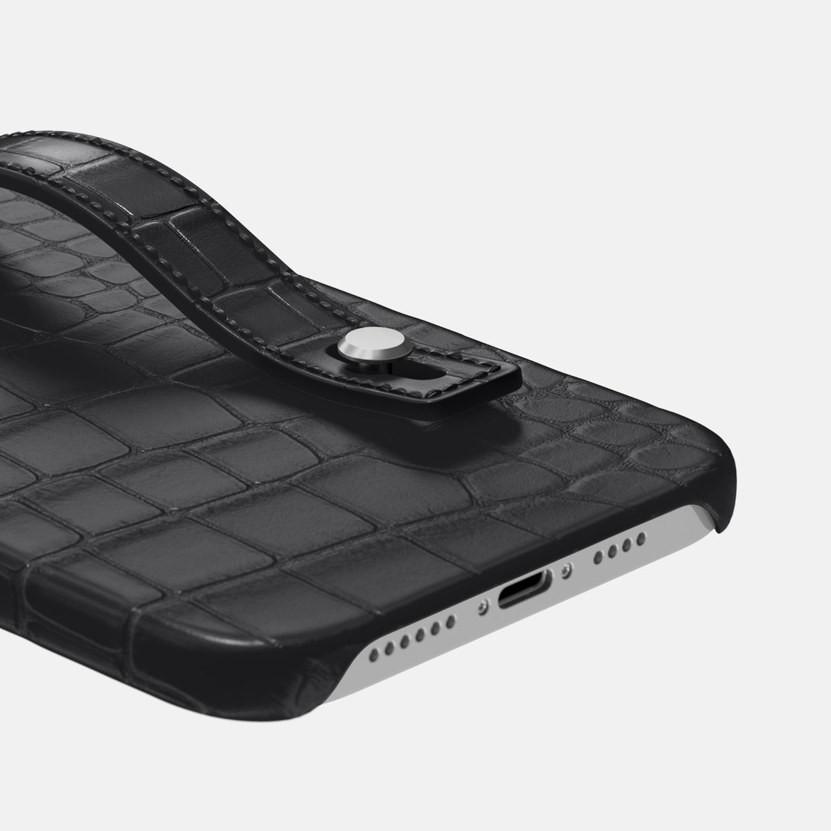 Grey iPhone 16 Pro Max Hand Strap Case Alligator with Steel Metal -5 | Grey-Steel