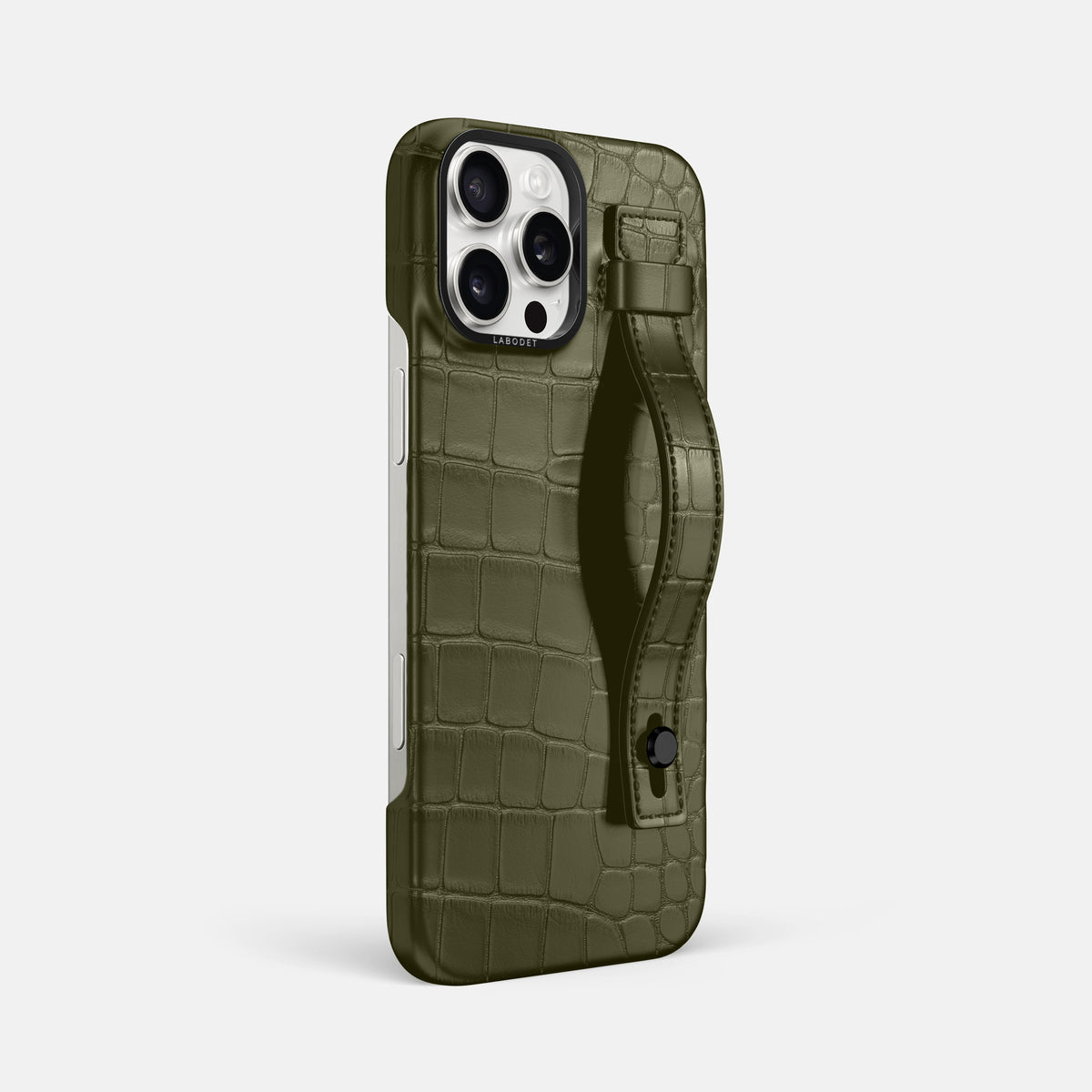 Kaki-Green iPhone 16 Pro Max Hand Strap Case Alligator with Black Metal -2 | Kaki-Green-Black