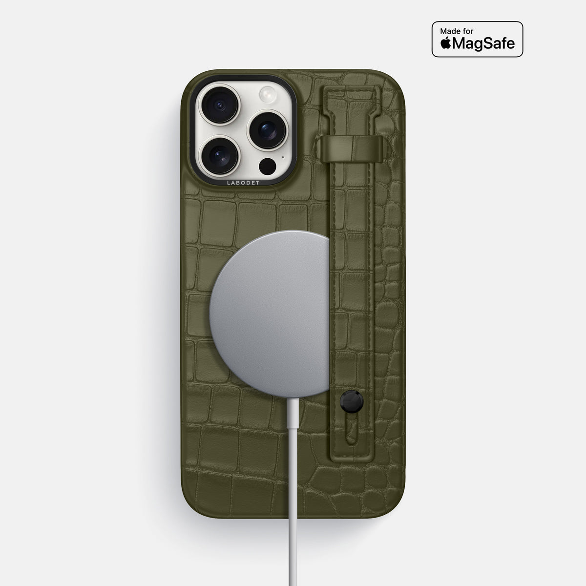 Kaki-Green iPhone 16 Pro Max Hand Strap Case Alligator with Black Metal -4 | Kaki-Green-Black