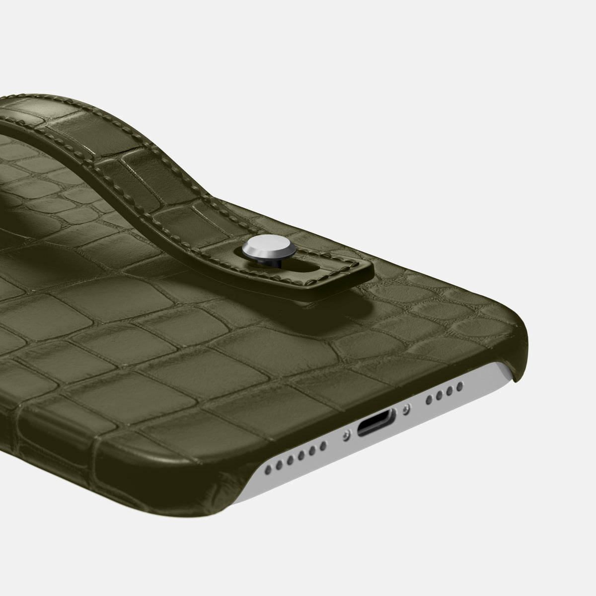 Kaki-Green iPhone 16 Pro Max Hand Strap Case Alligator with Steel Metal -5 | Kaki-Green-Steel