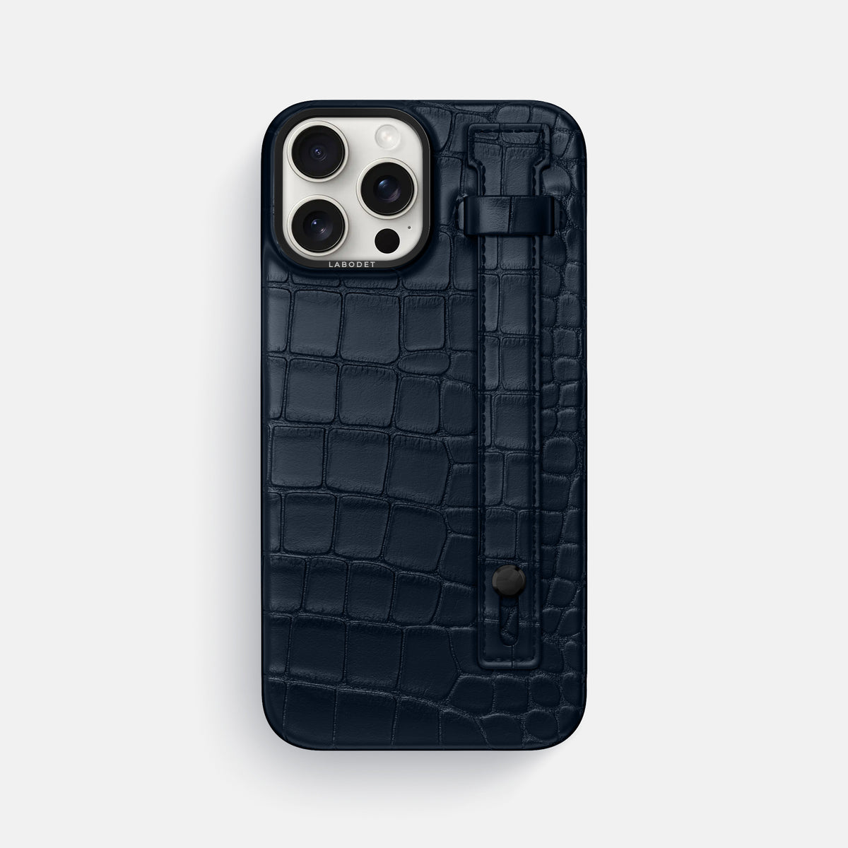 Navy Blue iPhone 16 Pro Max Hand Strap Case Alligator with Black Metal -1 | Navy-Blue-Black