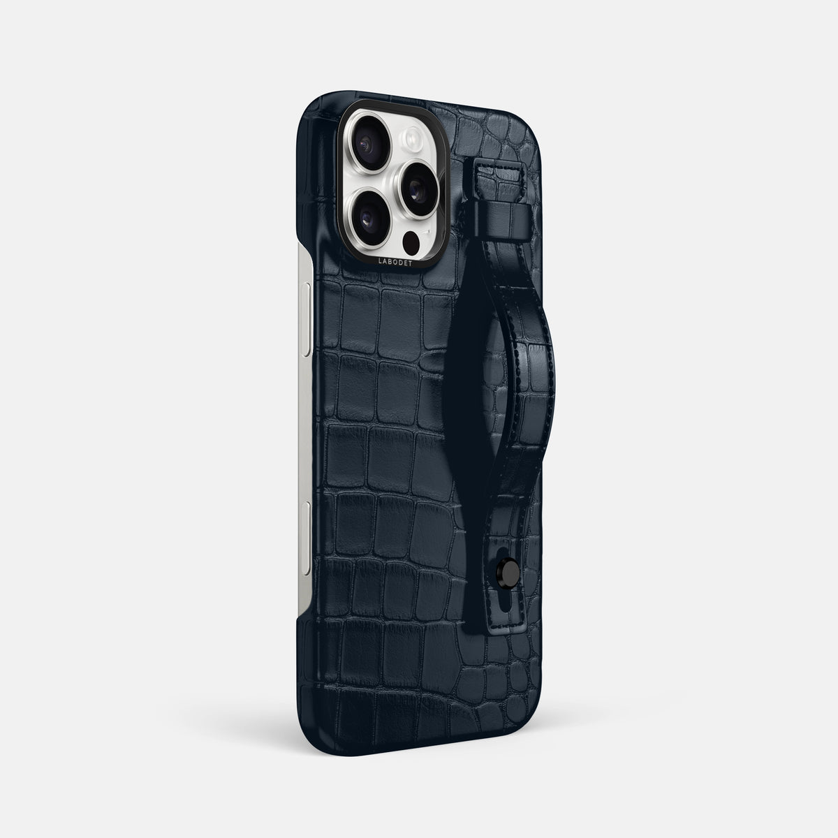 Navy Blue iPhone 16 Pro Max Hand Strap Case Alligator with Black Metal -2 | Navy-Blue-Black