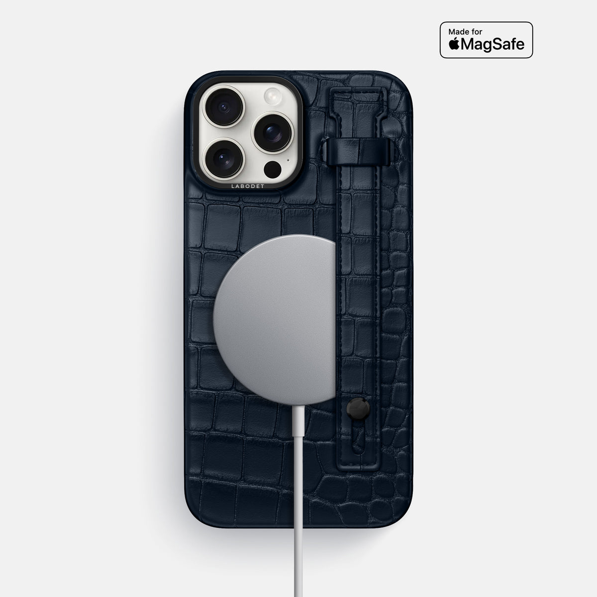 Navy Blue iPhone 16 Pro Max Hand Strap Case Alligator with Black Metal -4 | Navy-Blue-Black