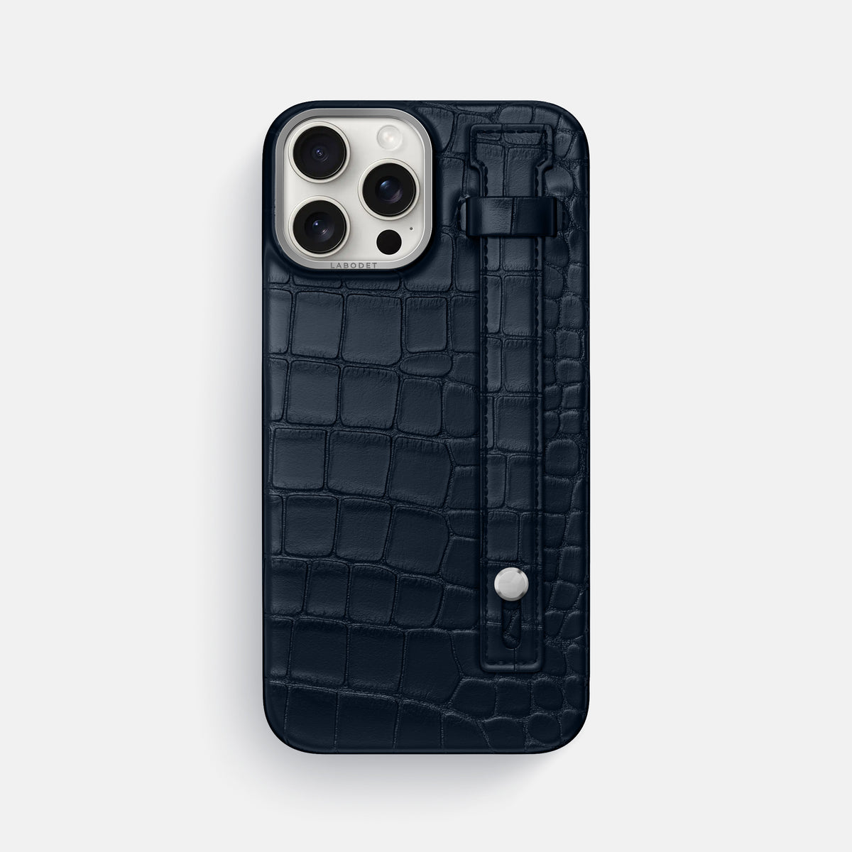 Navy Blue iPhone 16 Pro Max Hand Strap Case Alligator with Steel Metal -1 | Navy-Blue-Steel