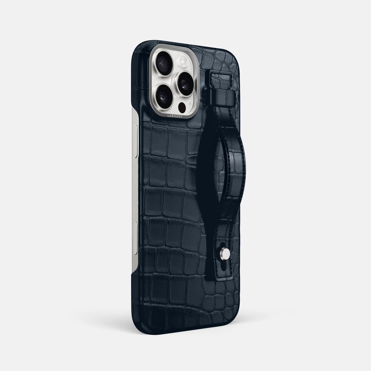 Navy Blue iPhone 16 Pro Max Hand Strap Case Alligator with Steel Metal -2 | Navy-Blue-Steel