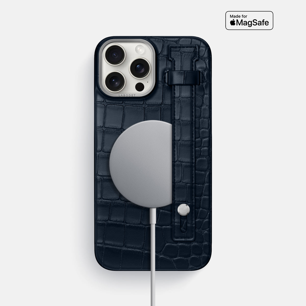 Navy Blue iPhone 16 Pro Max Hand Strap Case Alligator with Steel Metal -4 | Navy-Blue-Steel