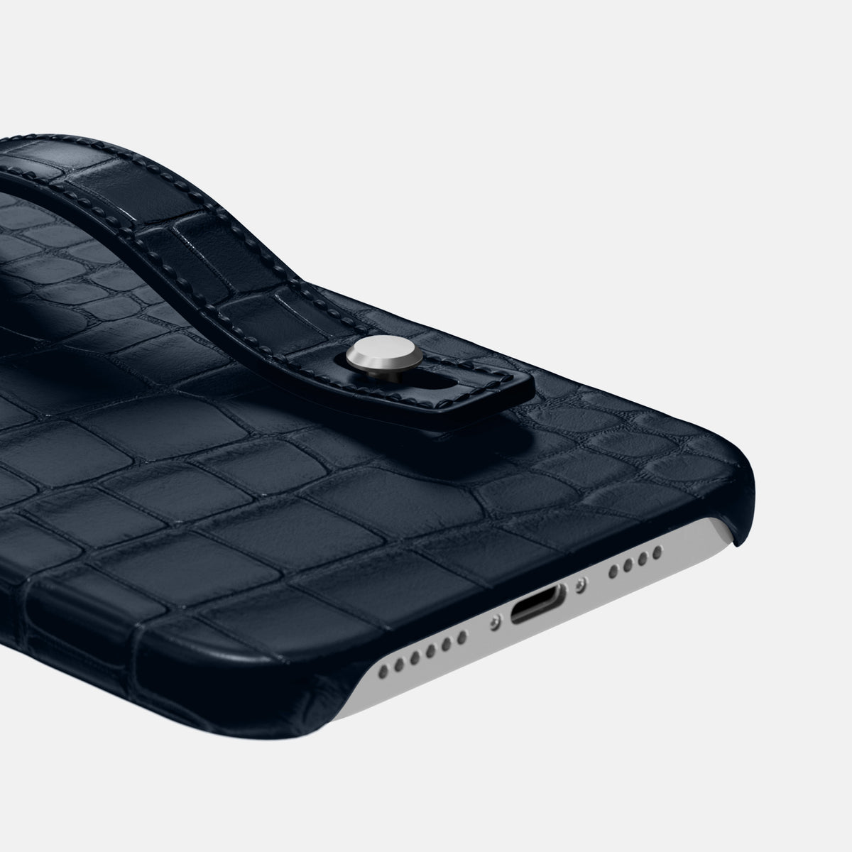 Navy Blue iPhone 16 Pro Max Hand Strap Case Alligator with Steel Metal -5 | Navy-Blue-Steel