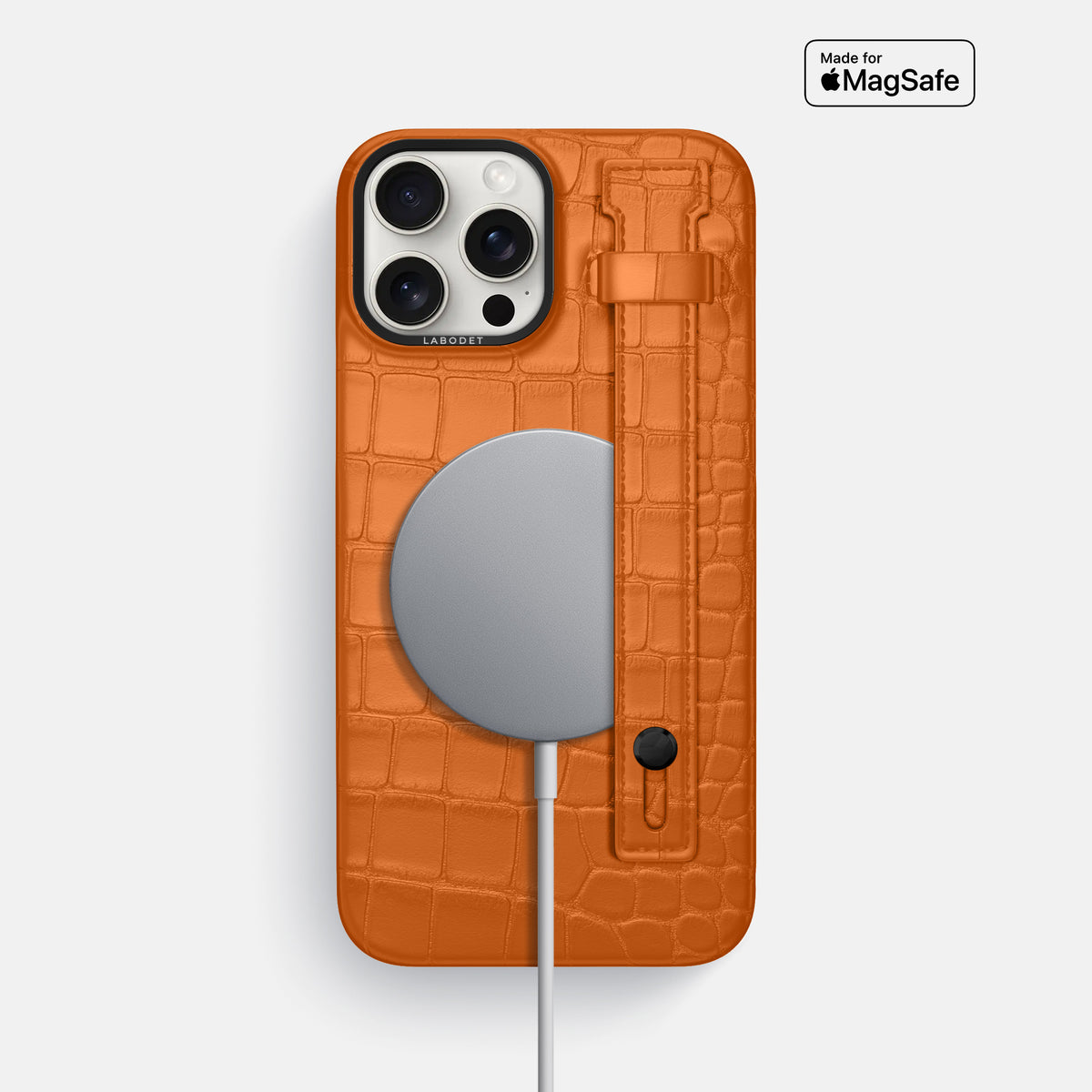 Orange iPhone 16 Pro Max Hand Strap Case Alligator with Black Metal -4 | Orange-Black