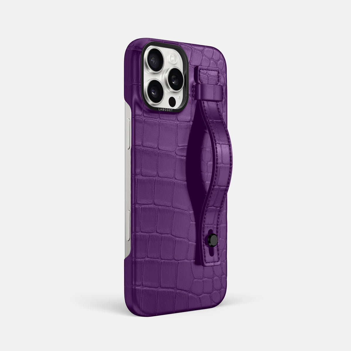 Purple iPhone 16 Pro Max Hand Strap Case Alligator with Black Metal -2 | Purple-Black