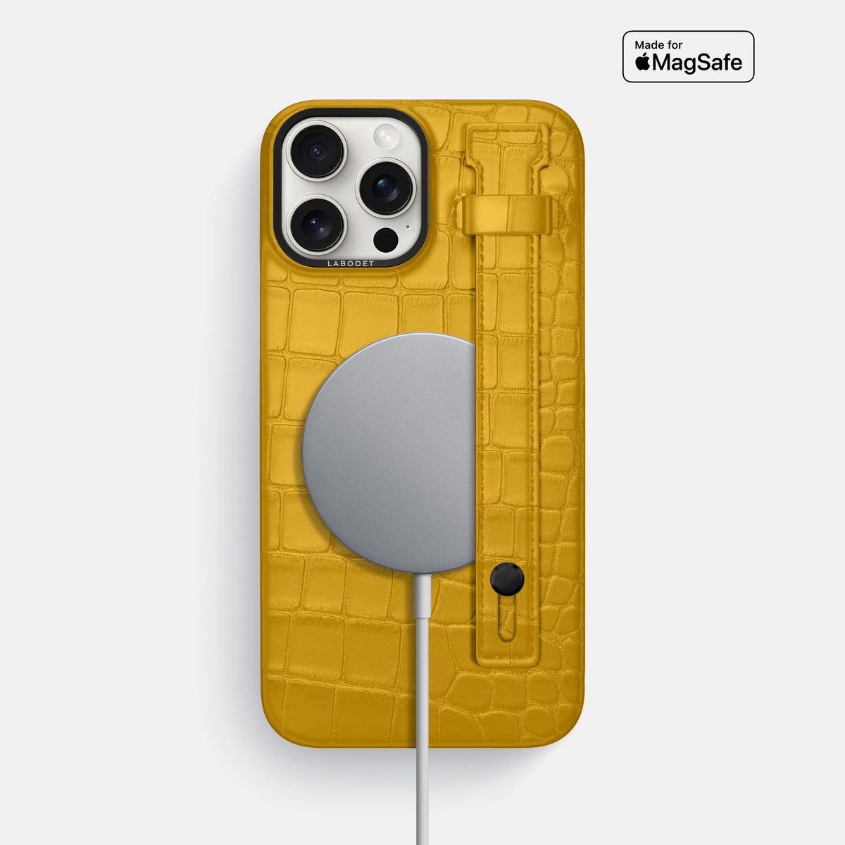 Yellow iPhone 16 Pro Max Hand Strap Case Alligator with Black Metal -4 | Yellow-Black