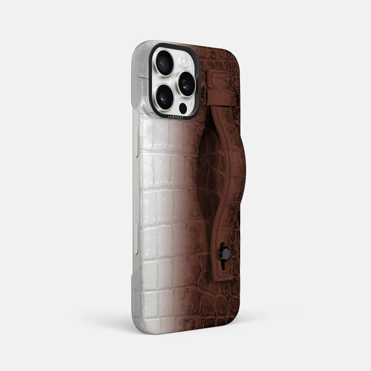 Dark Brown iPhone 16 Pro Max Hand Strap Case Himalayan Crocodile with Black Metal -2 | Dark-Brown-Black