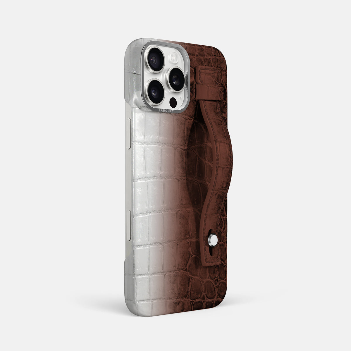 Dark Brown iPhone 16 Pro Max Hand Strap Case Himalayan Crocodile with Steel Metal -2 | Dark-Brown-Steel