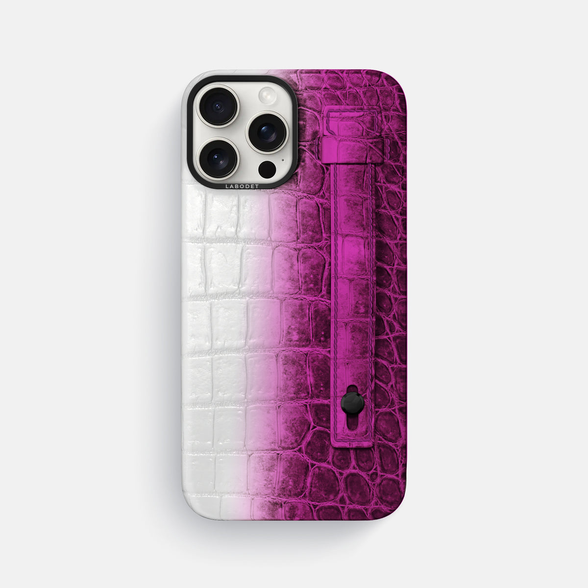 Fuchsia iPhone 16 Pro Max Hand Strap Case Himalayan Crocodile with Black Metal -1 | Fuchsia-Black