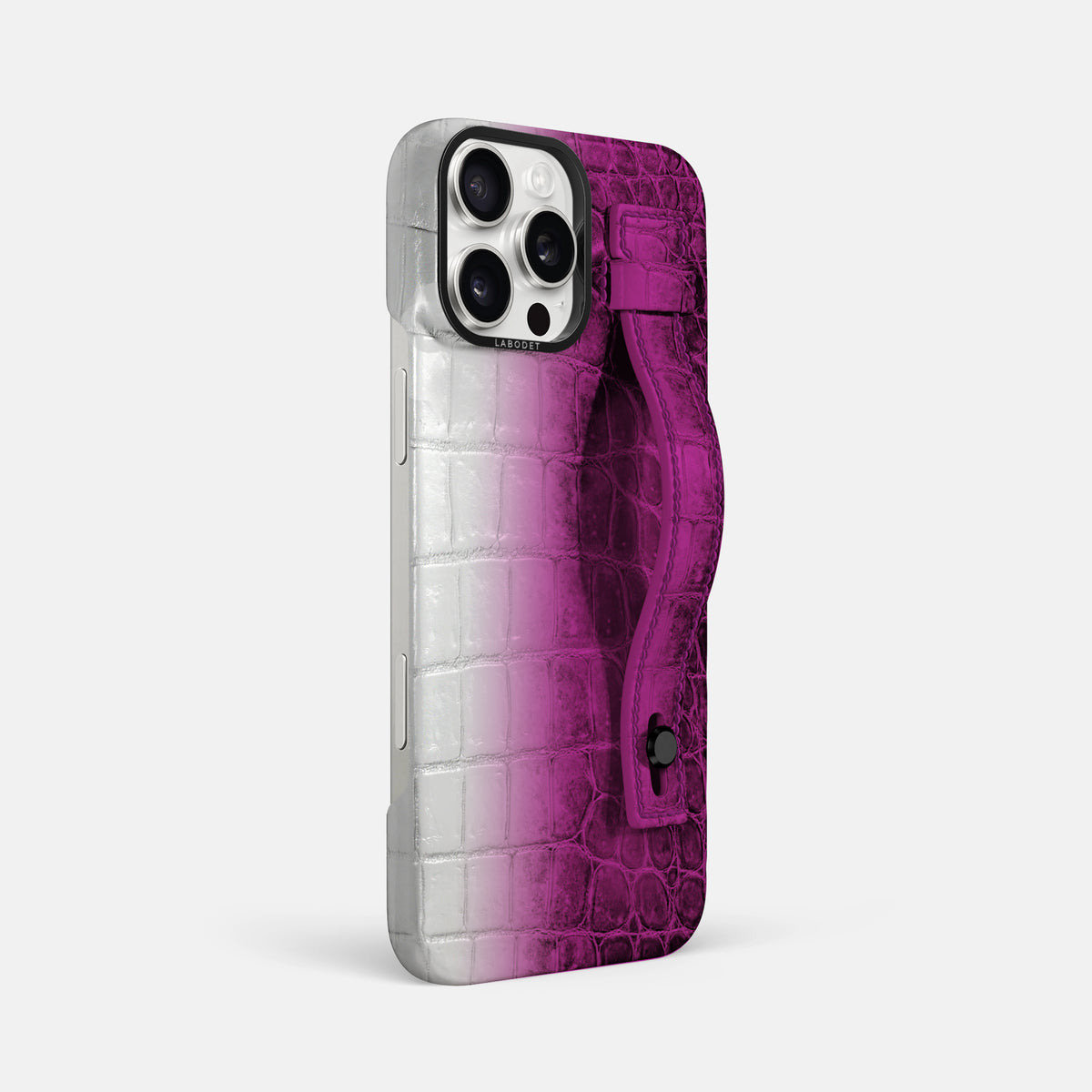 Fuchsia iPhone 16 Pro Max Hand Strap Case Himalayan Crocodile with Black Metal -2 | Fuchsia-Black