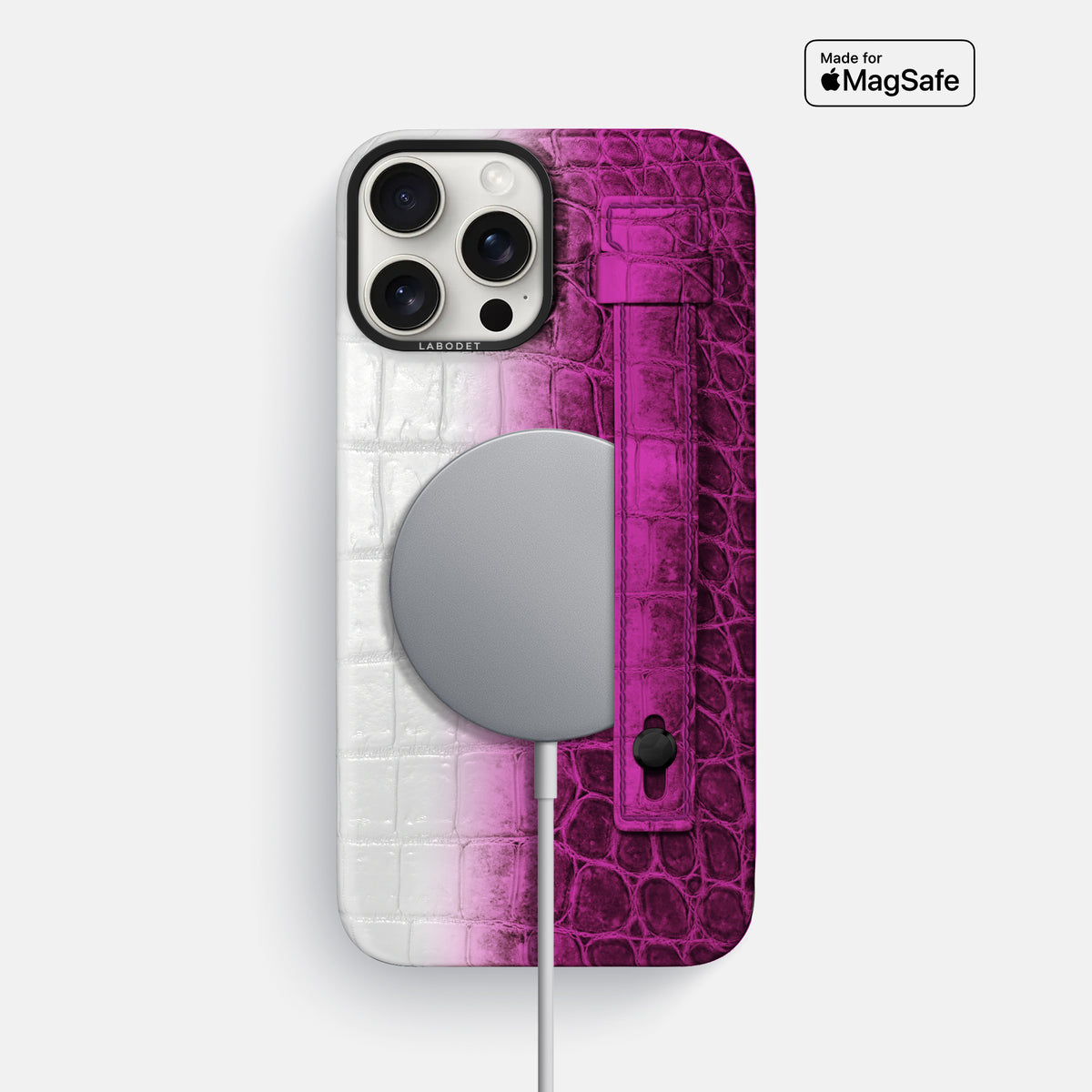 Fuchsia iPhone 16 Pro Max Hand Strap Case Himalayan Crocodile with Black Metal -4 | Fuchsia-Black