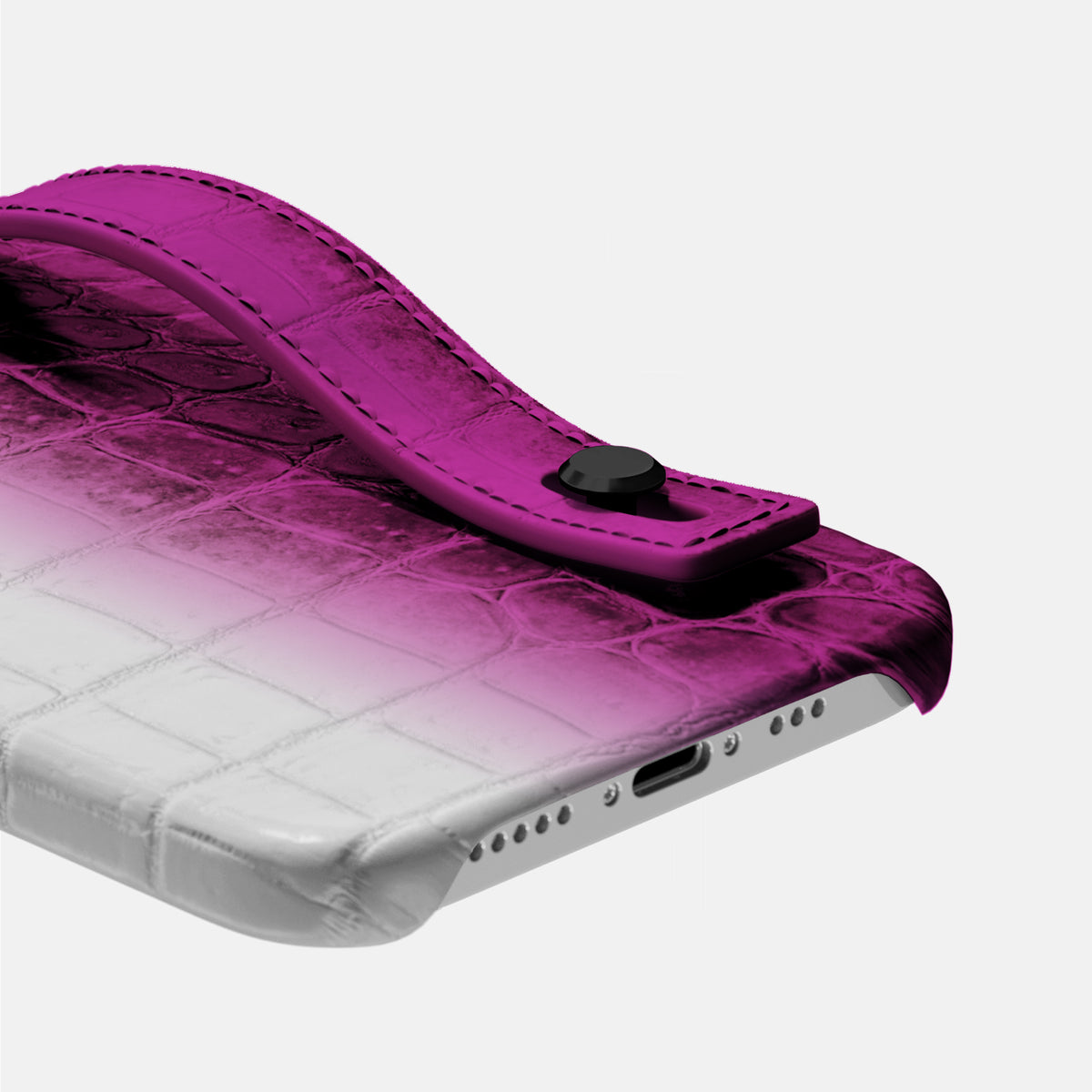 Fuchsia iPhone 16 Pro Max Hand Strap Case Himalayan Crocodile with Black Metal -5 | Fuchsia-Black