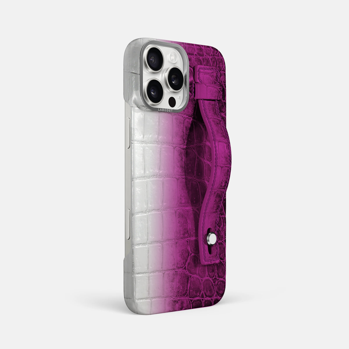 Fuchsia iPhone 16 Pro Max Hand Strap Case Himalayan Crocodile with Steel Metal -2 | Fuchsia-Steel