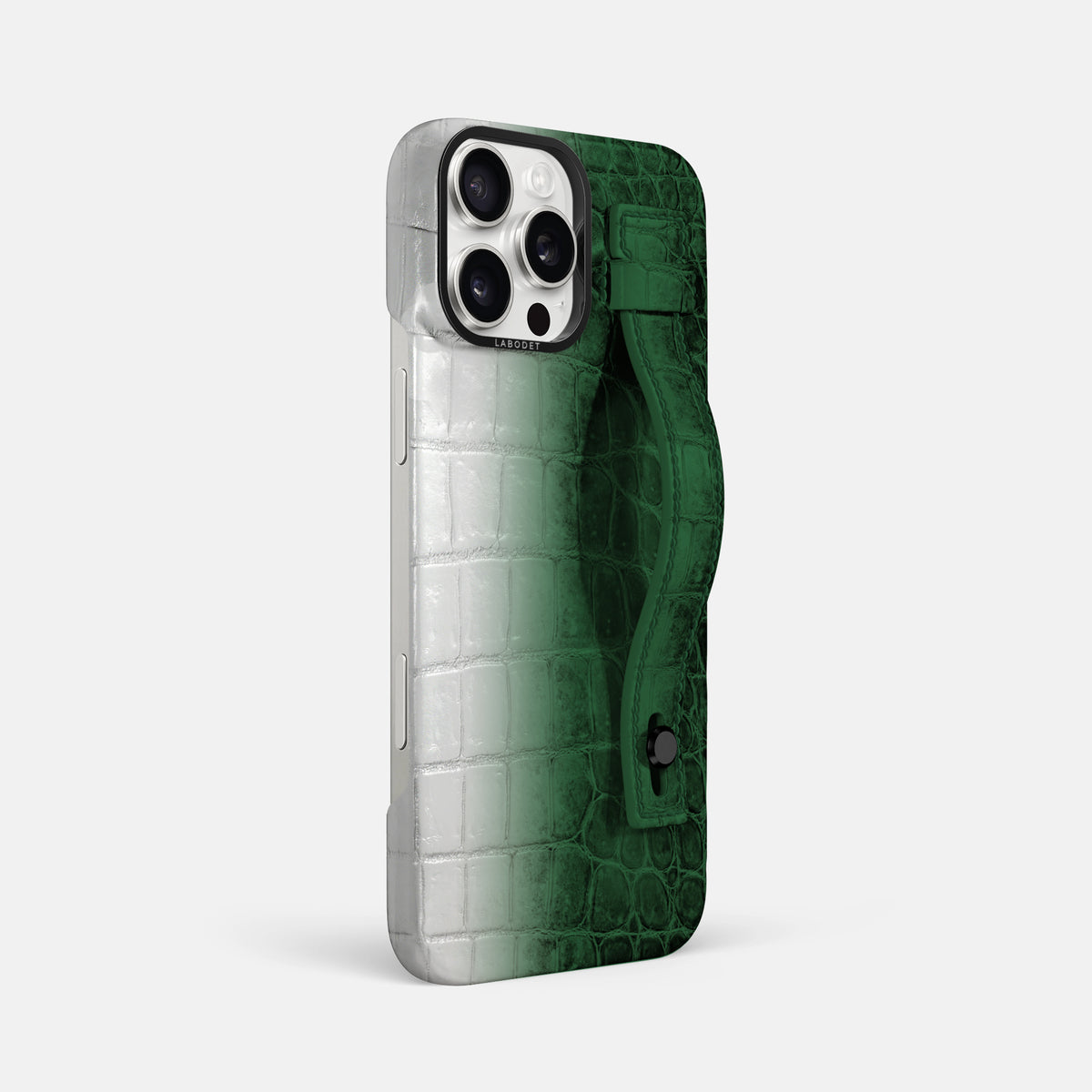 Green iPhone 16 Pro Max Hand Strap Case Himalayan Crocodile with Black Metal -2 | Green-Black
