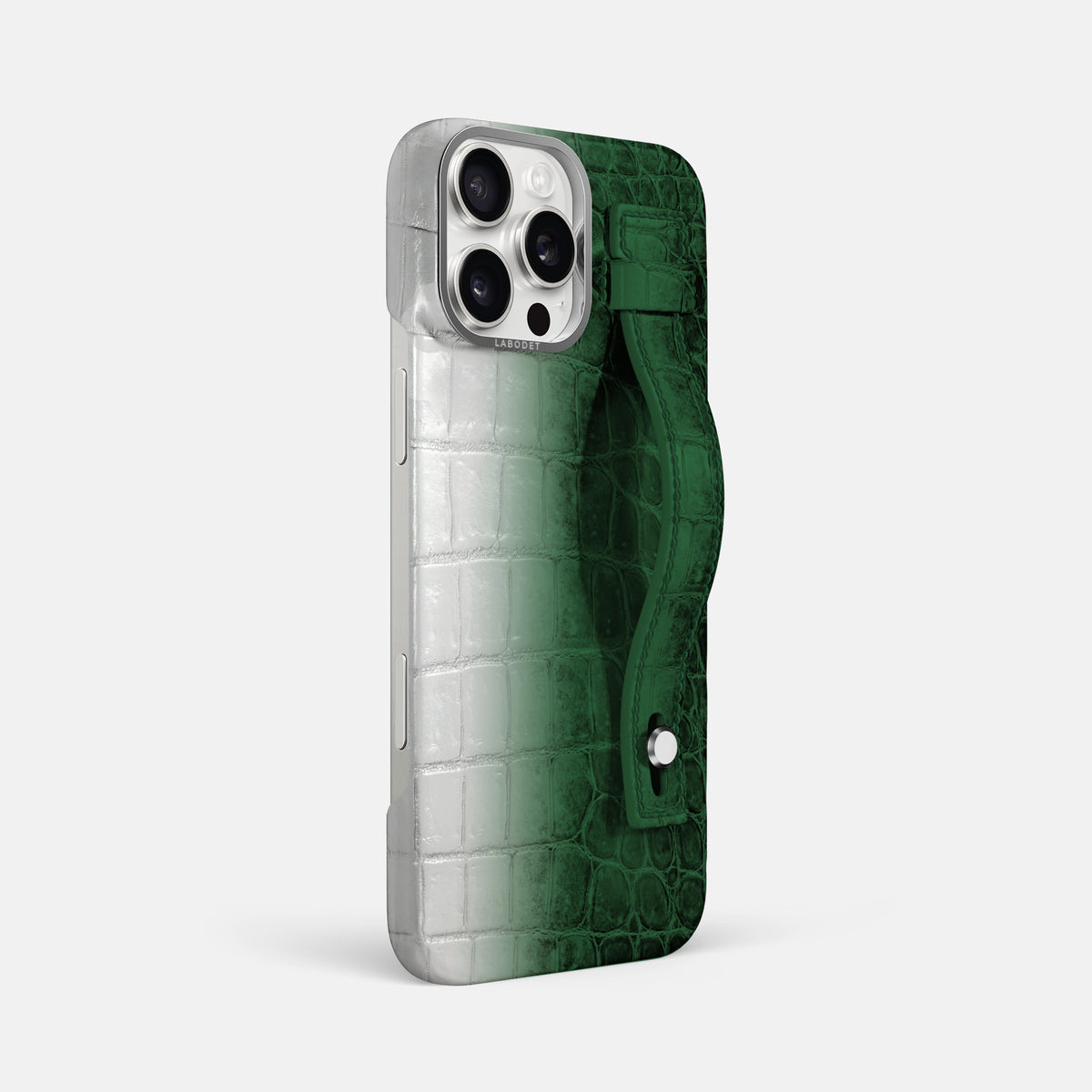 Green iPhone 16 Pro Max Hand Strap Case Himalayan Crocodile with Steel Metal -2 | Green-Steel