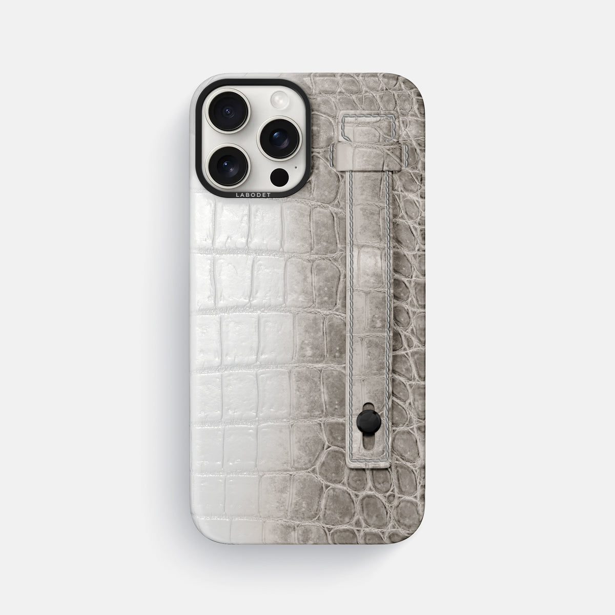 Grey iPhone 16 Pro Max Hand Strap Case Himalayan Crocodile with Black Metal -1 | Grey-Black