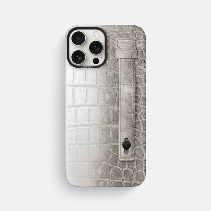 Grey iPhone 16 Pro Max Hand Strap Case Himalayan Crocodile with Black Metal -1 | Grey-Black