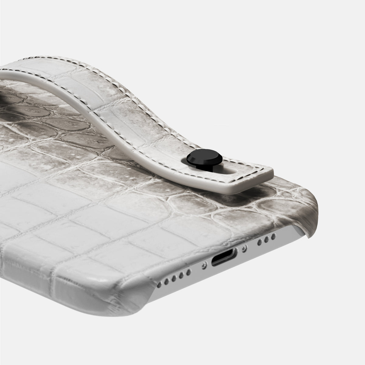 Grey iPhone 16 Pro Max Hand Strap Case Himalayan Crocodile with Black Metal -5 | Grey-Black