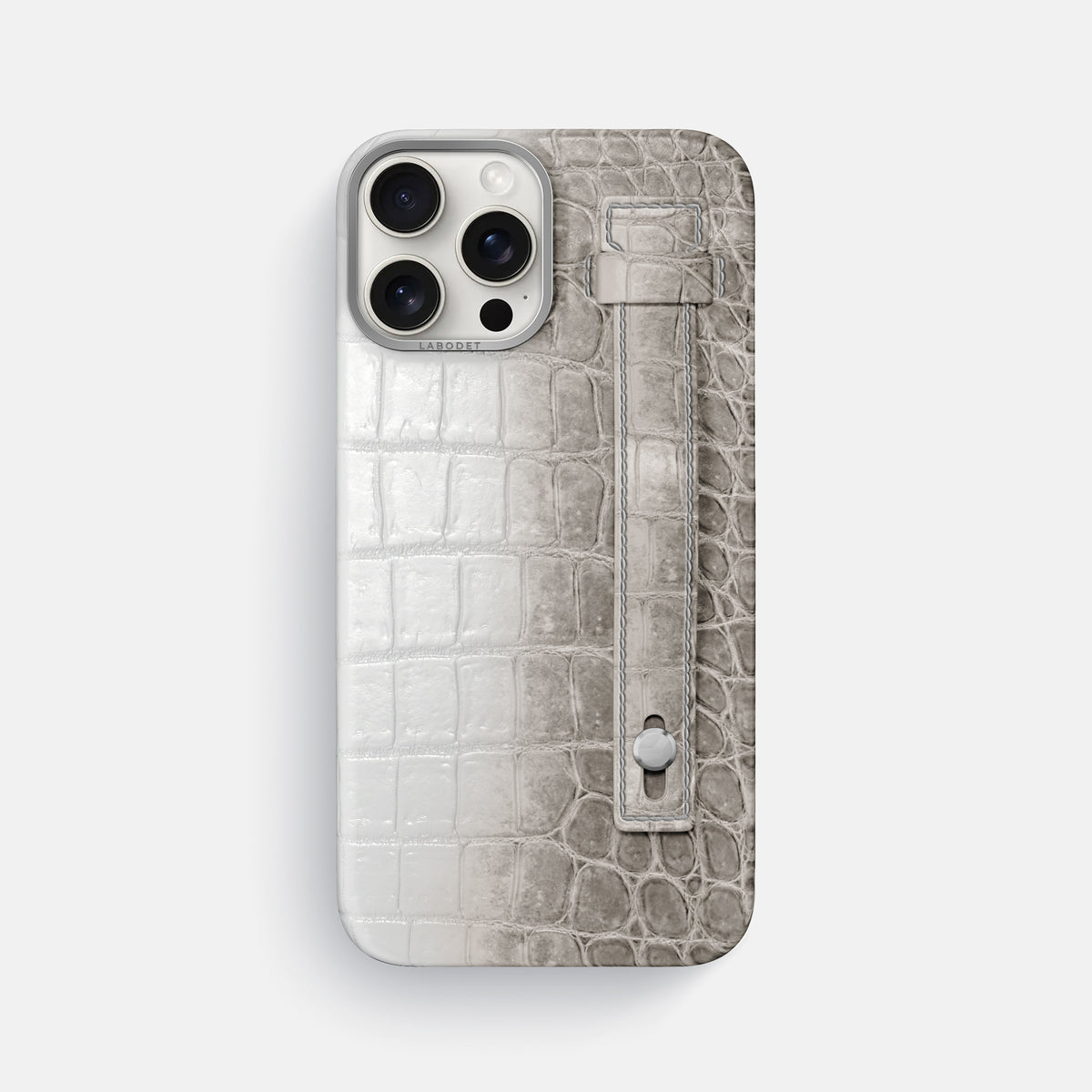 Grey iPhone 16 Pro Max Hand Strap Case Himalayan Crocodile with Steel Metal -1 | Grey-Steel