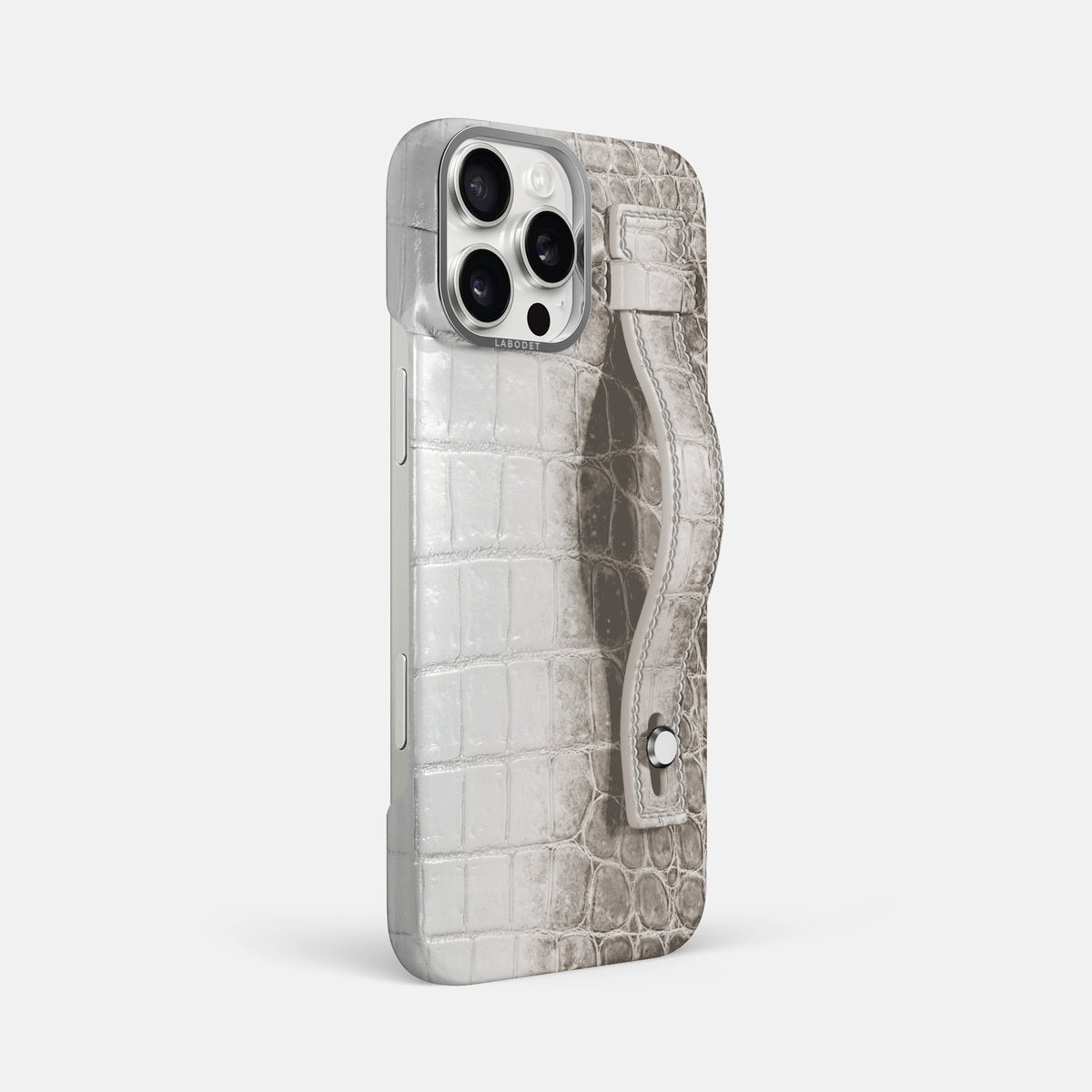 Grey iPhone 16 Pro Max Hand Strap Case Himalayan Crocodile with Steel Metal -2 | Grey-Steel