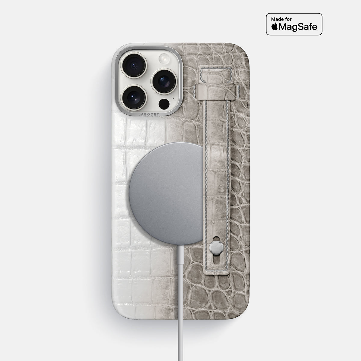 Grey iPhone 16 Pro Max Hand Strap Case Himalayan Crocodile with Steel Metal -4 | Grey-Steel