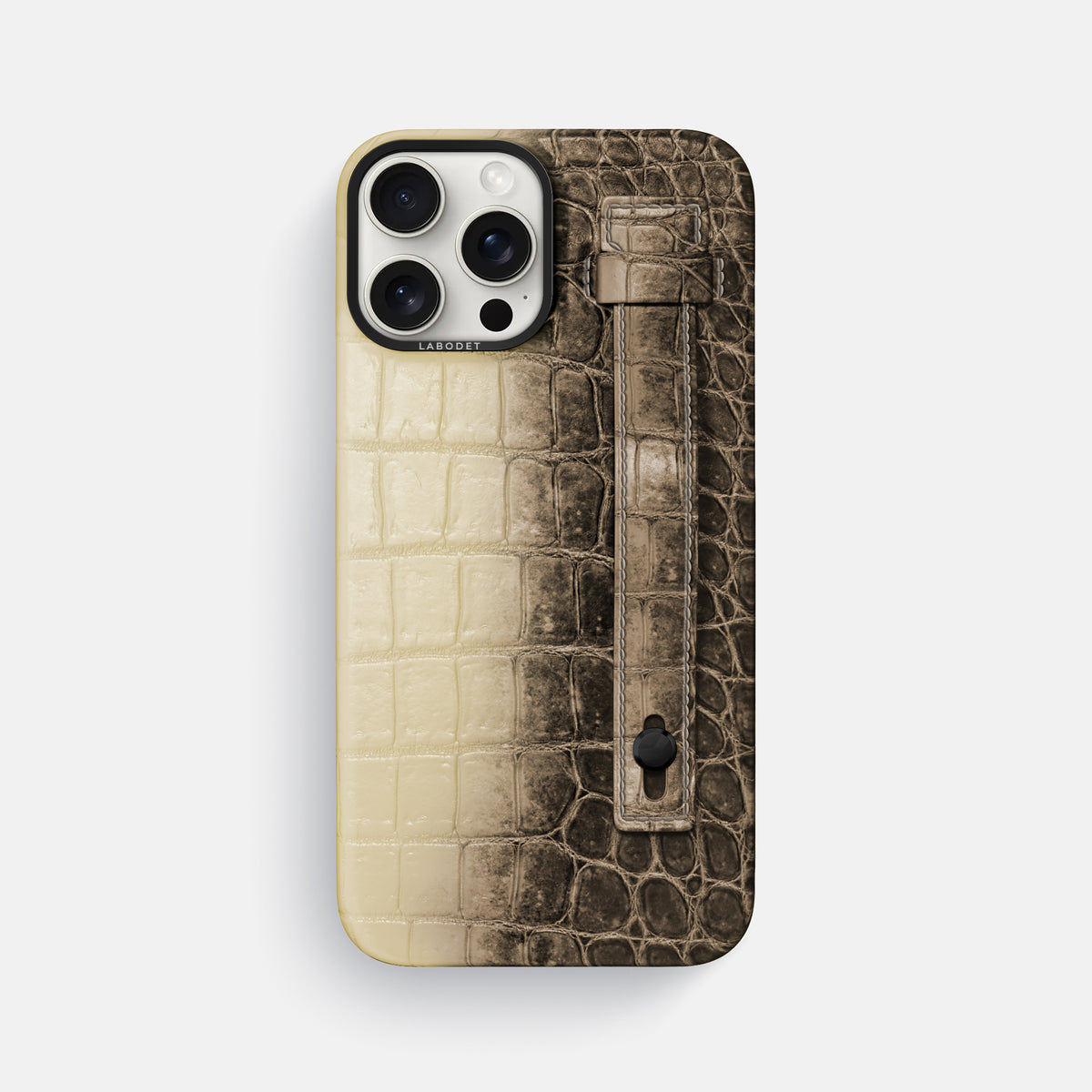 Natural iPhone 16 Pro Max Hand Strap Case Himalayan Crocodile with Black Metal -1 | Natural-Black
