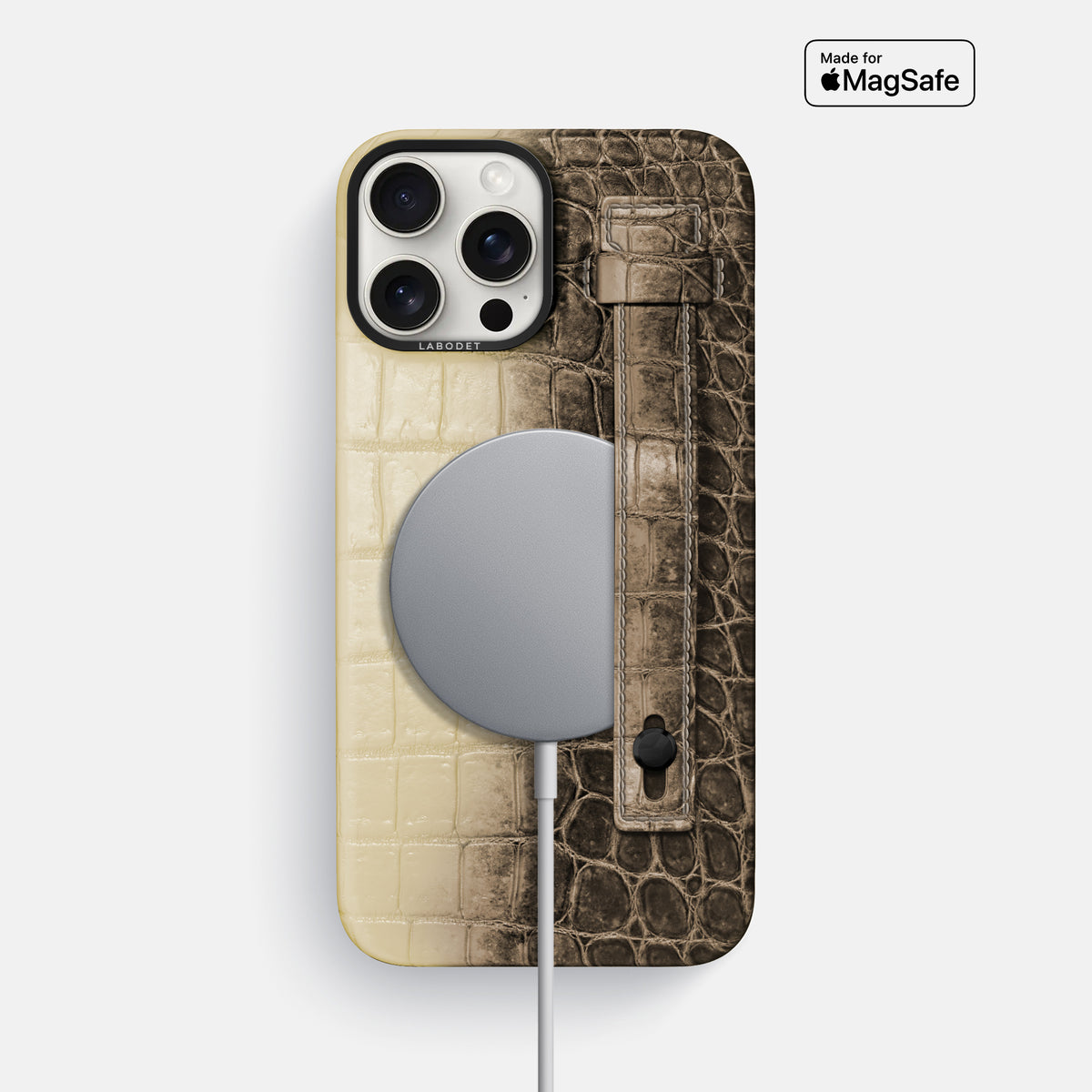 Natural iPhone 16 Pro Max Hand Strap Case Himalayan Crocodile with Black Metal -4 | Natural-Black